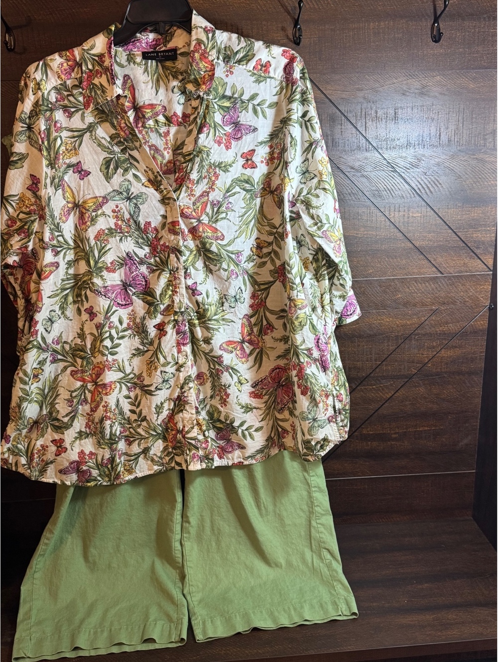 Lane Bryant Floral Print Button-Up Shirt with Green Pants Set Size 24